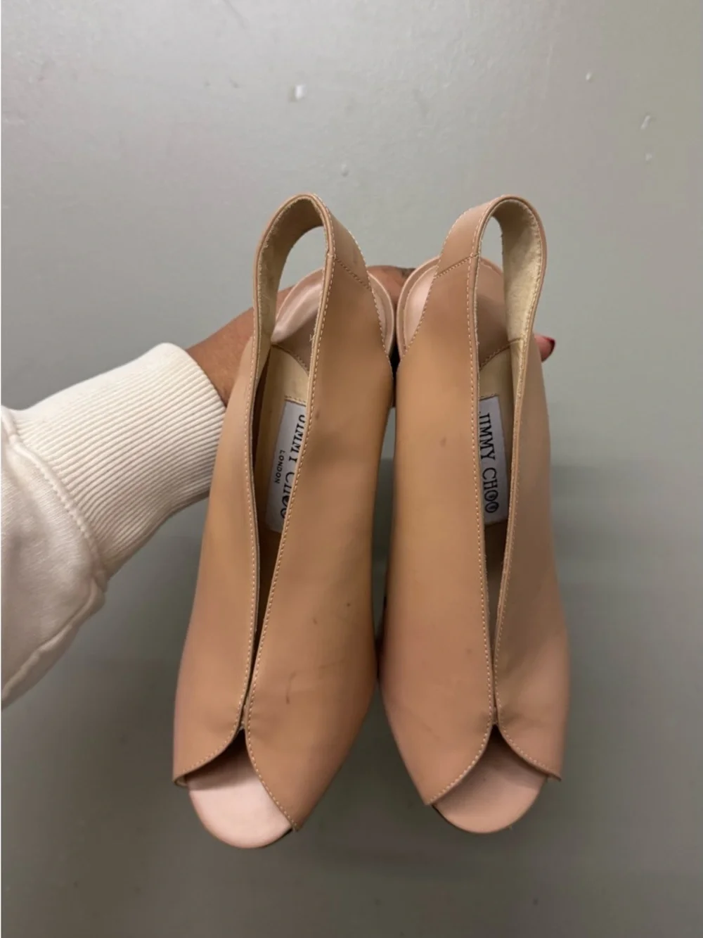 Jimmy Choo Nude Suede Shar Peep Toe Slingback Pumps Womens Size 37 EU Luxe